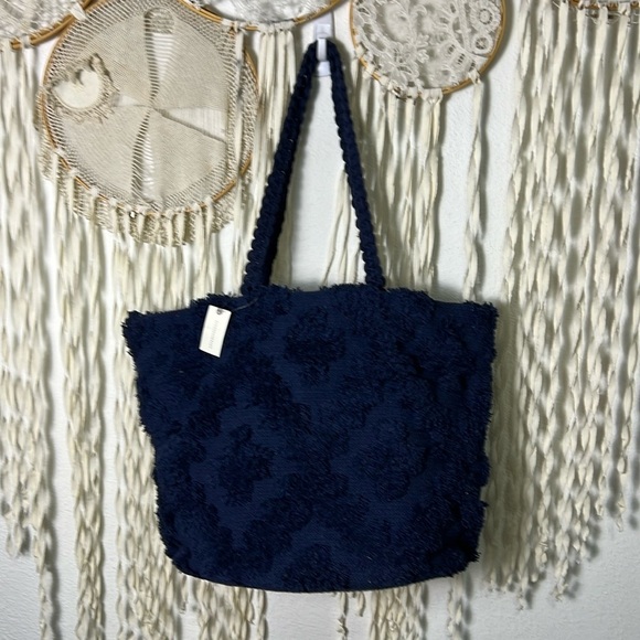 Anthropologie NWT Textured Trellis Tote Bag in Navy - Picture 1 of 15